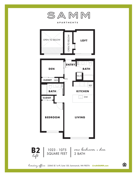 Floor plan for 1 bed, 2 baths, 1075 sqft